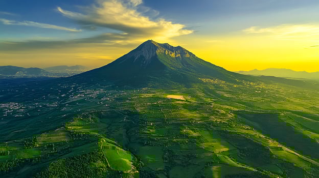 Green grass and clouds cover the mountain landscape under the morning sky, while a sunset paints the distant mountains photo