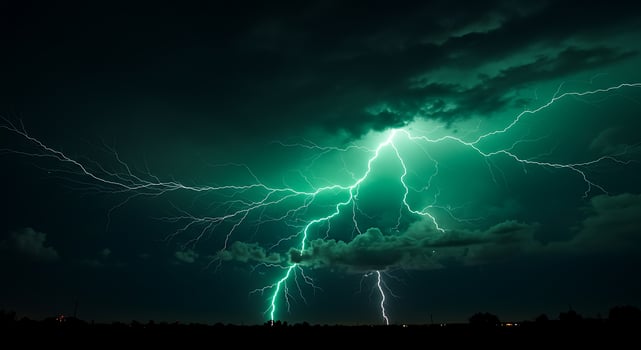 Lightning strikes over a dark sky with green clouds photo