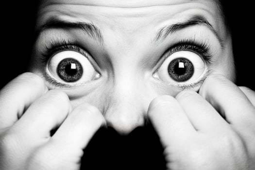 A woman with big eyes covering her face photo