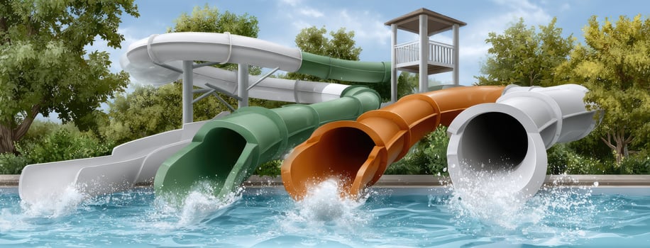 Water slides in a park with trees and water photo