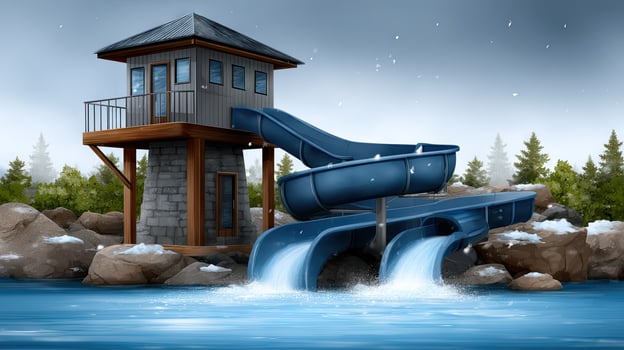 Water slide in the forest with a house and a waterfall photo