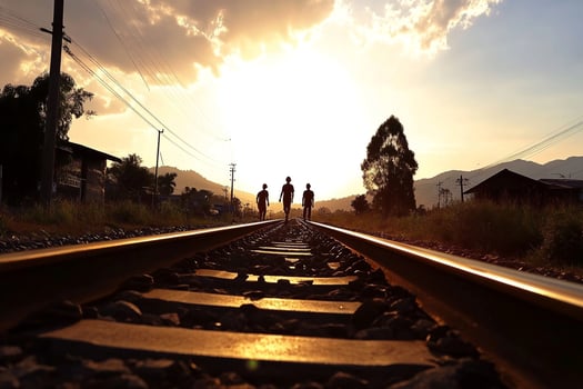 Two people walking on railroad tracks at sunset photo