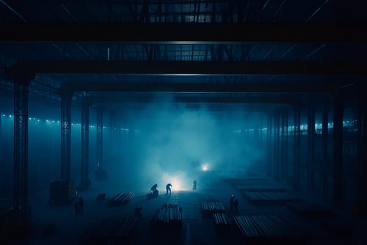 A large warehouse with people standing in the smoke photo