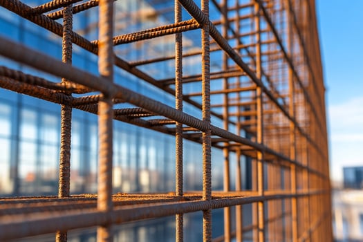 A close up of a metal cage with a building in the background photo