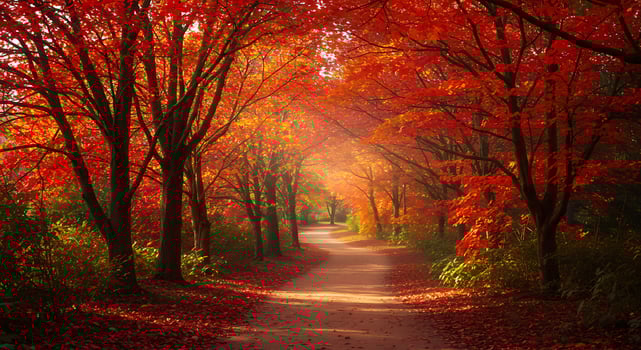 A path through a forest with red leaves photo