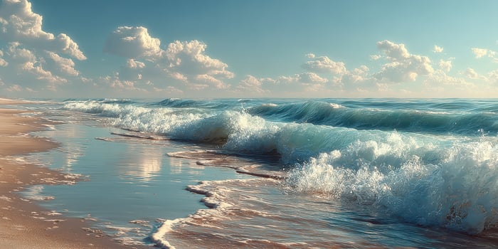 Waves crash gently on a sandy beach under a clear blue sky during a tranquil afternoon by the ocean photo