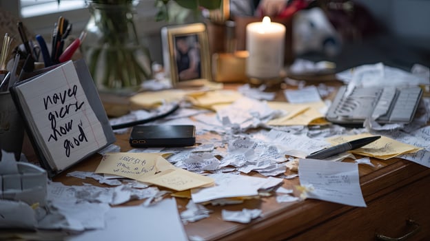 Cluttered Desk with Papers and Note - Office Chaos Concept photo