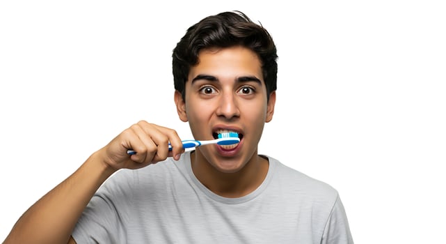 A young man is brushing his teeth with a toothbrush photo
