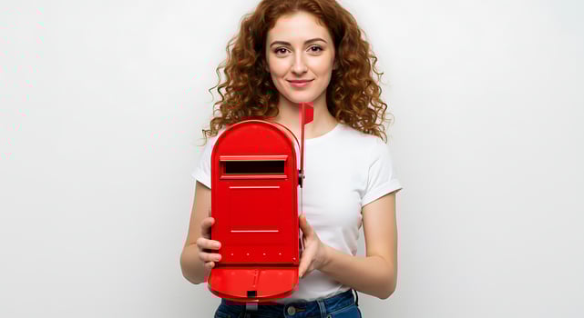 A woman holding a red mailbox photo