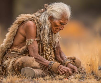 Elder craftsman working with natural materials in a serene landscape photo