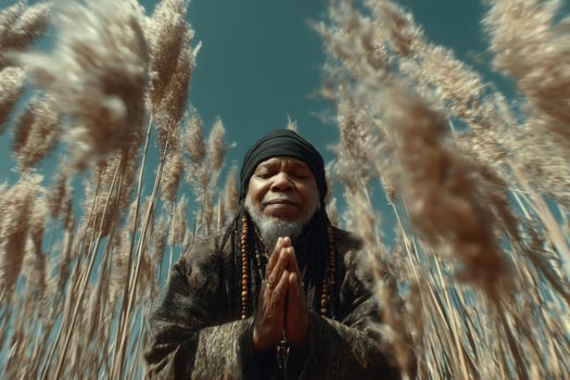 Man meditating in tall grass field during bright sunny day photo
