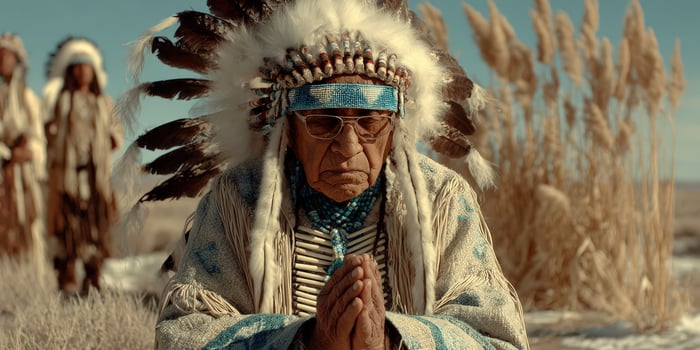 Elderly man in traditional dress prays at a gathering photo