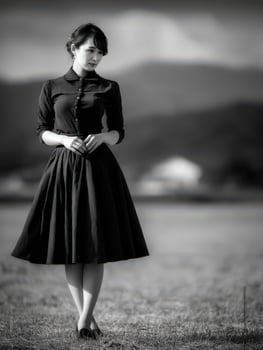 Elegant woman in vintage dress poses in scenic landscape photo
