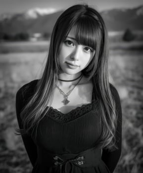 Young woman poses elegantly in black attire near mountains photo