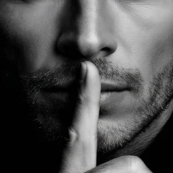 Man holding finger to lips in a gesture of silence in low light photo