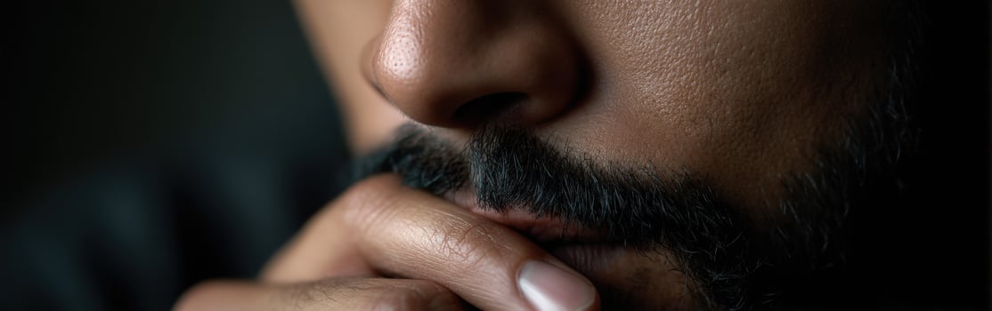 Contemplation of a man with a beard in a dimly lit space photo