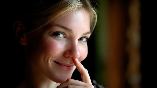 Woman with playful smile holds finger to lips indoors photo