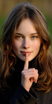 Young woman with a gentle smile asking for silence outdoors photo