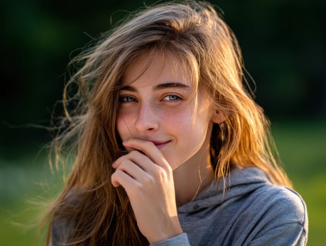 Young woman smiles gently outdoors during golden hour photo