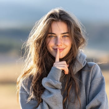 Beautiful young woman silencing with a smile in serene outdoor setting photo