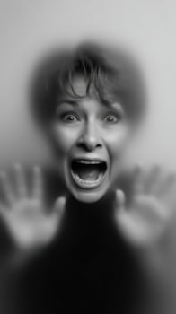 Woman expressing fear with hands against a foggy surface photo