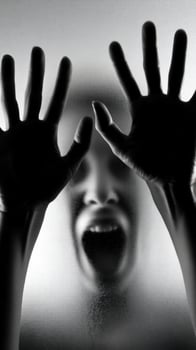 Silhouetted figure appears to scream behind frosted glass photo