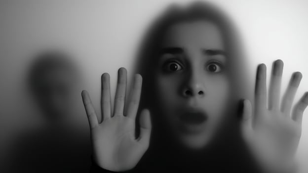 Young woman expressing fear behind fogged glass in dark setting photo