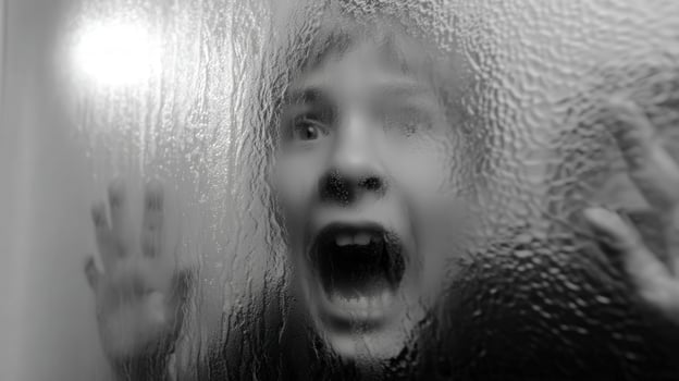 Child expressing fear behind frosted glass during evening hours photo