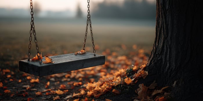 Swing set under a tree with autumn leaves on the ground photo