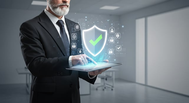 Businessman in suit holding tablet with shield icon photo