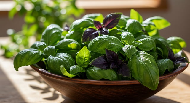 A bowl of basil leaves photo