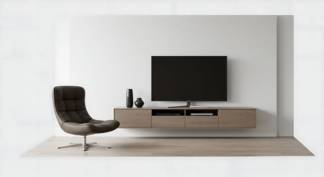 A modern tv stand with a chair and a tv photo