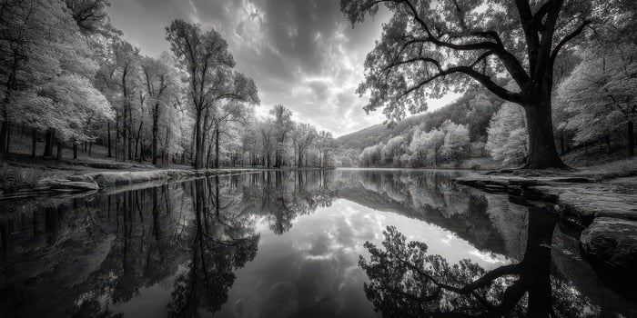 Serene black and white landscape of a forested lakeside reflecting trees under a cloudy sky photo