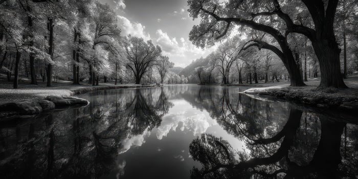 Serene river landscape reflecting trees under a cloudy sky in black and white during the daytime photo