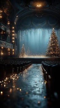 Elegant theater stage decorated for a festive celebration with shining lights and Christmas trees photo