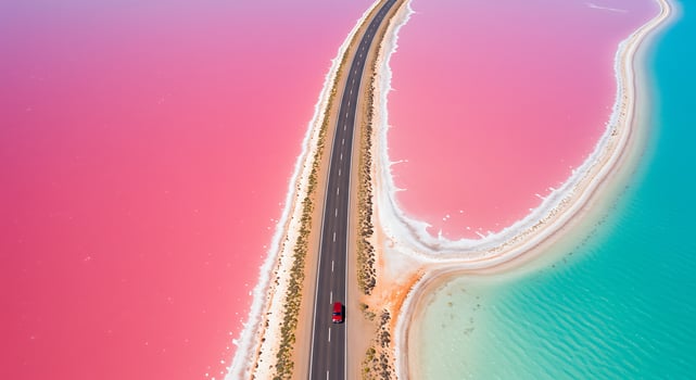 An aerial view of a road that is surrounded by pink water photo