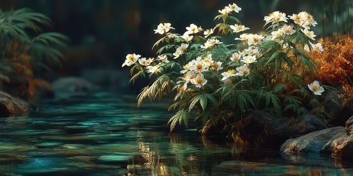 Peaceful waterside flowers bloom in a serene setting during a sunny afternoon photo