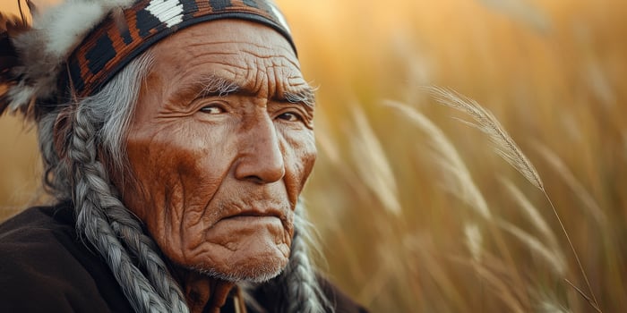 Elderly man with braided hair gazing thoughtfully in a golden field photo