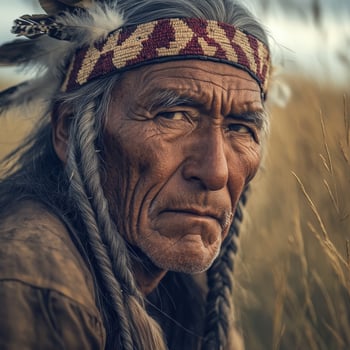 Elderly man wearing traditional attire with feathers in natural landscape photo