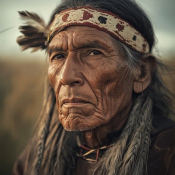 Elderly native man with traditional attire and expressive features in nature photo
