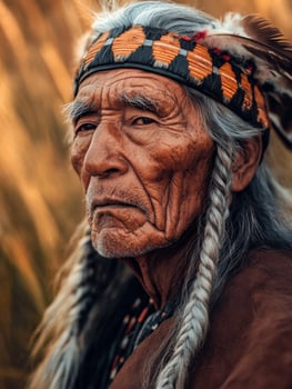 Elder Native American man wearing traditional clothing and headband outdoors photo