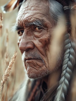 An old man with a headdress in a field photo