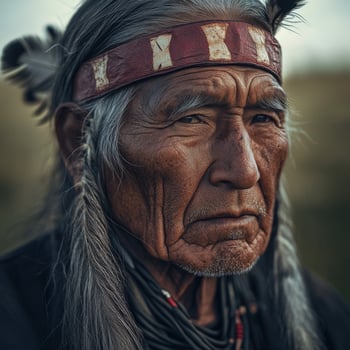 Elderly Native American man in traditional attire near the plains at sunset photo