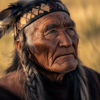 Elder Native American man in traditional attire against a golden backdrop photo