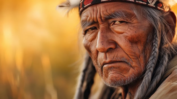 Elder Native American man with long hair and serious expression in golden grass photo