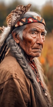 Elderly indigenous man wearing traditional attire in a natural setting photo