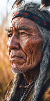 Elderly man with traditional attire reflects history in a serene landscape photo