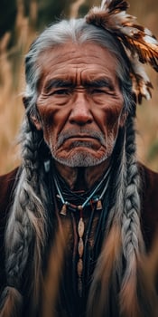 Portrait of a Native American elder with intricate braids and feathers photo