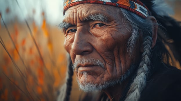 Elderly Native American man in traditional attire amidst autumn landscape photo