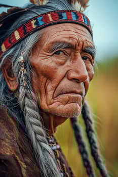 Elderly indigenous man with traditional attire in natural setting photo